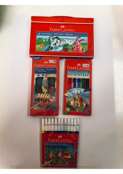 Tam Boy Kırtasiye Seti: 12 Kuru Boya, 12 Suluboya, 12 Keçeli Kalem, 18 Renk Pastel