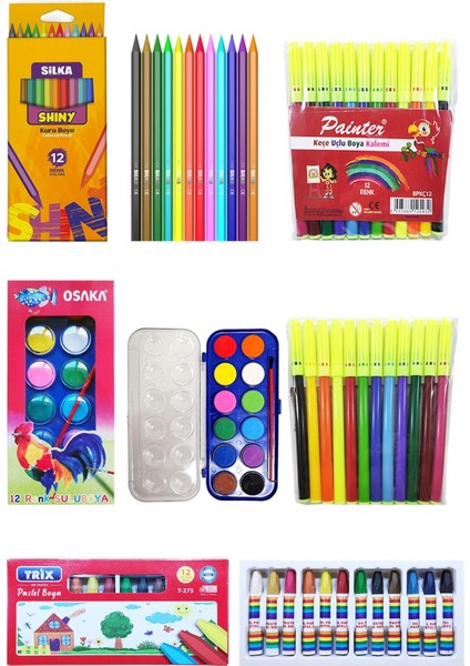 12'li Boya Seti, Pastel, Kuru Boya, Keçeli Kalem ve Okul Malzemeleri