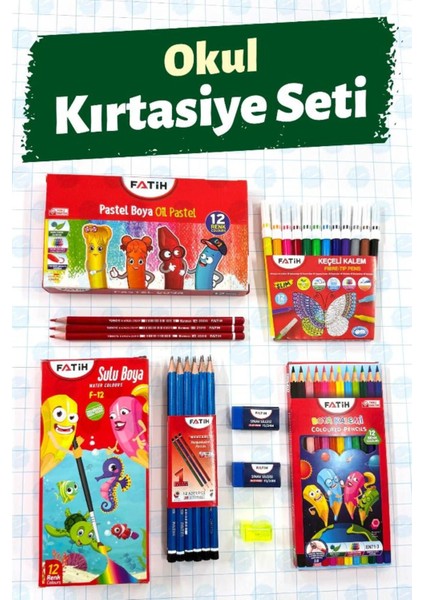 Renkli Kırtasiye Seti: Kalem, Silgi, Kalemtraş ve Kuru Keçeli, Pastel ve Sulu Seçenekler