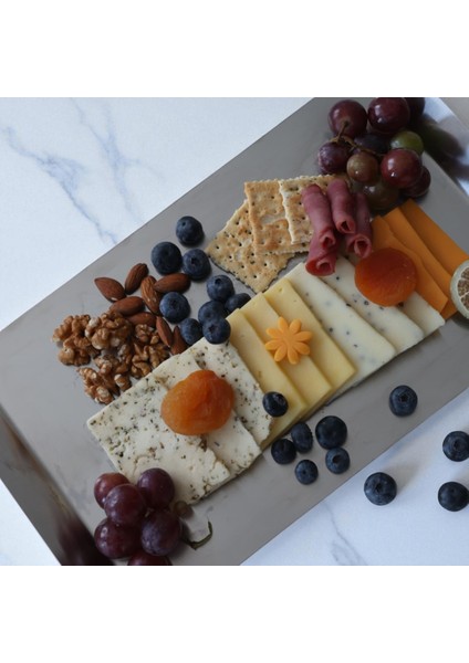 Paslanmaz Çelik Sunum Tepsisi 30X20 cm – Satine Yüzey, Tutma Kulp Tasarımlı, Kahvaltı ve Peynir Sunum Tabağı