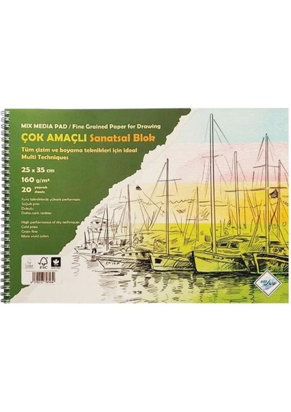 170 gr Karton Kapak Spiralli Resim Defteri 25X35 Çoklu Teknik 1 Adet