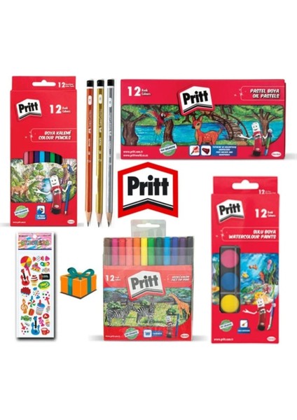 12'li Kırtasiye ve Boyama Kalemi Seti, Pastel, Keçeli, Kuru ve Sulu Boya Dahil