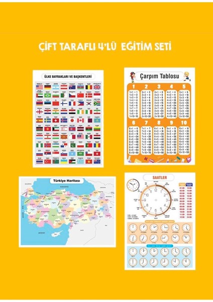 Çift Taraflı Eğitim Seti Türkiye Haritası, Ülkeler, Çarpım Tablosu ve Saatler 21X30 cm fiyatları