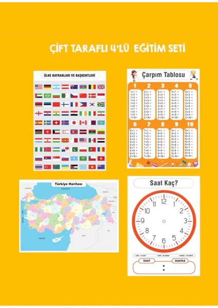 Çift Taraflı Eğitim Seti Türkiye Haritası, Ülkeler, Çarpım Tablosu ve Saatler 21X30 cm modelleri