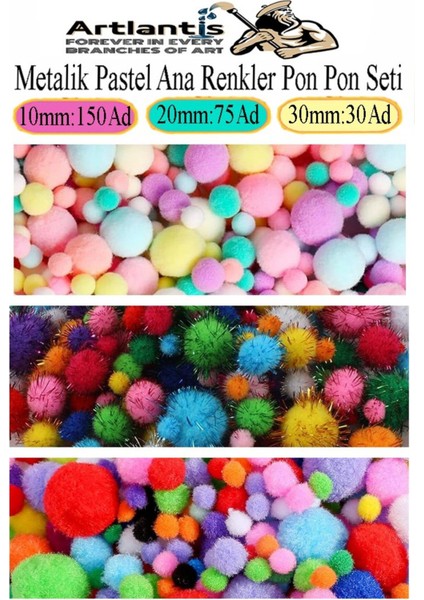 Renkli 10-30 mm Peluş ve Metalik Ponponlar, 255'LI Paket, Pastel ve Ana Renkler