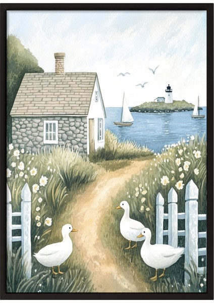 Siyah Çerçeveli Tablo, Kırsal Köy Evi Illüstrasyonu, Salon Dekoru Poster No: 111430