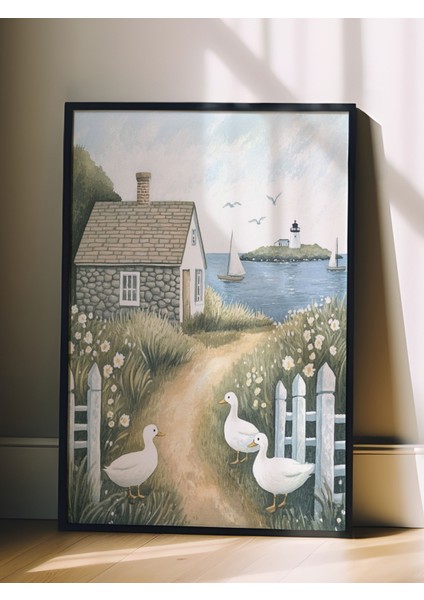 Siyah Çerçeveli Tablo, Kırsal Köy Evi Illüstrasyonu, Salon Dekoru Poster No: 111430 fiyatları