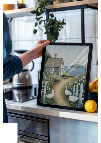 Siyah Çerçeveli Tablo, Kırsal Köy Evi Illüstrasyonu, Salon Dekoru Poster No: 111430 modelleri