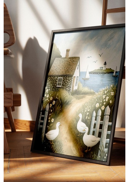 Siyah Çerçeveli Tablo, Kırsal Köy Evi Illüstrasyonu, Salon Dekoru Poster No: 111430 fırsatları