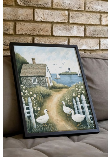 Siyah Çerçeveli Tablo, Kırsal Köy Evi Illüstrasyonu, Salon Dekoru Poster No: 111430 indirimleri