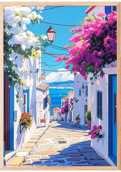 Ahşap Çerçeveli Tablo, Yunan Adası Sokak Manzarası, Balkon Dekoru Poster No: 111245