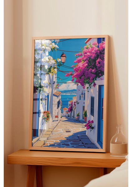 Ahşap Çerçeveli Tablo, Yunan Adası Sokak Manzarası, Balkon Dekoru Poster No: 111245 fiyatları