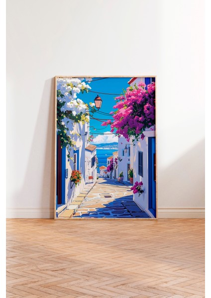 Ahşap Çerçeveli Tablo, Yunan Adası Sokak Manzarası, Balkon Dekoru Poster No: 111245 modelleri