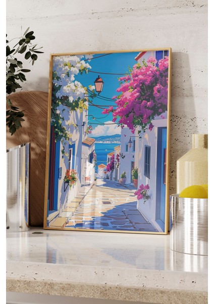 Ahşap Çerçeveli Tablo, Yunan Adası Sokak Manzarası, Balkon Dekoru Poster No: 111245 fırsatları