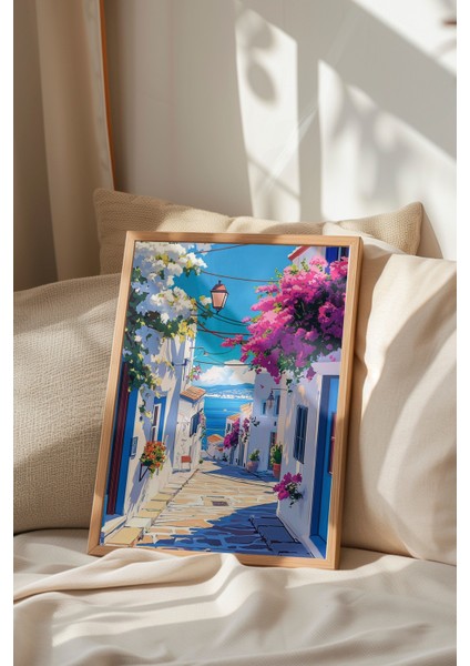 Ahşap Çerçeveli Tablo, Yunan Adası Sokak Manzarası, Balkon Dekoru Poster No: 111245 indirimleri