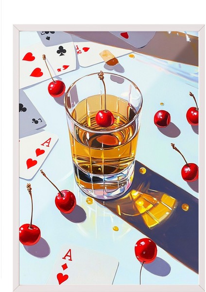 Beyaz Çerçeveli Tablo, Vişneli Içki Bardağı Tasarımı, Bar Alanı Dekoru Poster No: 111186