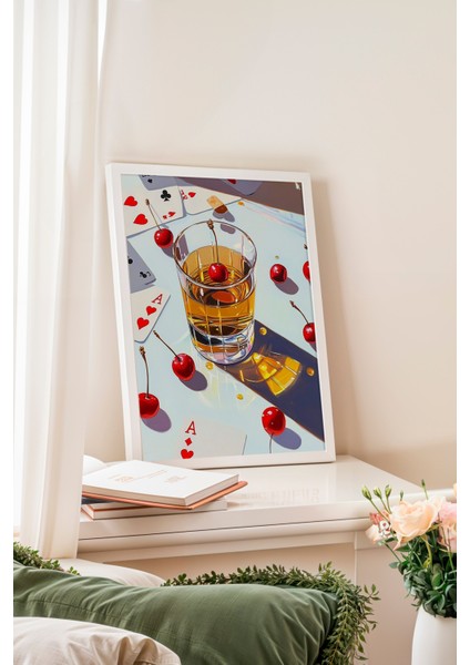 Beyaz Çerçeveli Tablo, Vişneli Içki Bardağı Tasarımı, Bar Alanı Dekoru Poster No: 111186 fiyatları