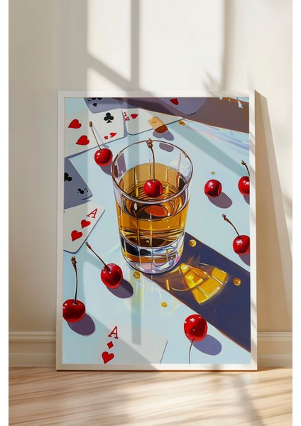 Beyaz Çerçeveli Tablo, Vişneli Içki Bardağı Tasarımı, Bar Alanı Dekoru Poster No: 111186 modelleri