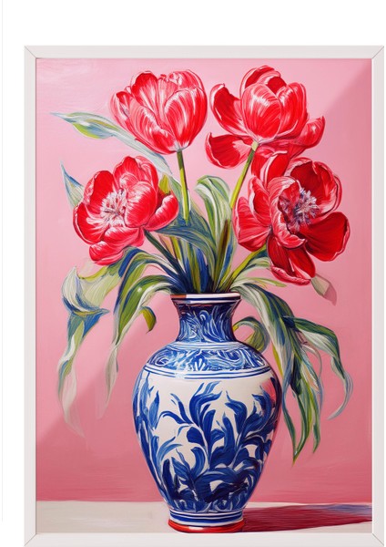 Beyaz Çerçeveli Tablo, Vazoda Kırmızı Laleler, Salon Dekoru Poster No: 111589