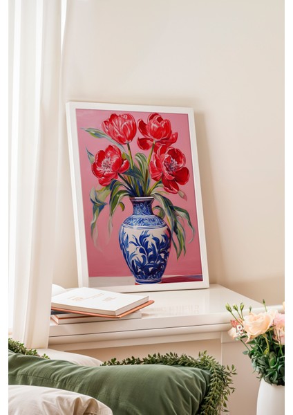 Beyaz Çerçeveli Tablo, Vazoda Kırmızı Laleler, Salon Dekoru Poster No: 111589 fiyatları