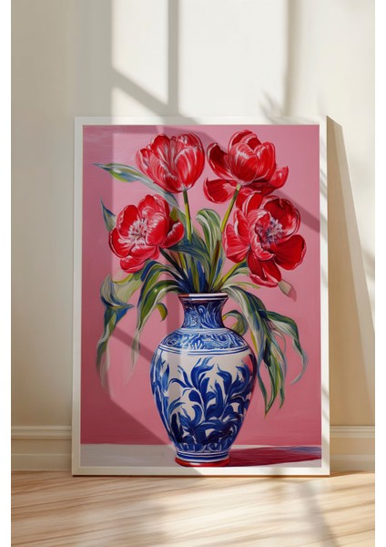 Beyaz Çerçeveli Tablo, Vazoda Kırmızı Laleler, Salon Dekoru Poster No: 111589 modelleri