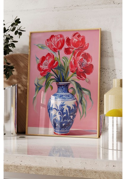 Ahşap Çerçeveli Tablo, Vazoda Kırmızı Laleler, Salon Dekoru Poster No: 111589 fırsatları