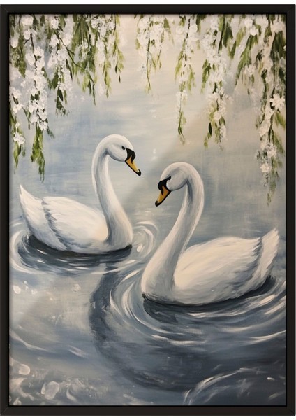 Siyah Çerçeveli Tablo, Kuğuların Göl Manzarası, Salon Dekoru Poster No: 111426