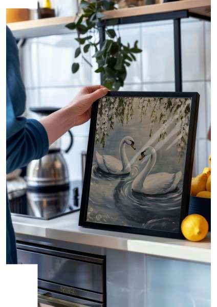 Siyah Çerçeveli Tablo, Kuğuların Göl Manzarası, Salon Dekoru Poster No: 111426 modelleri