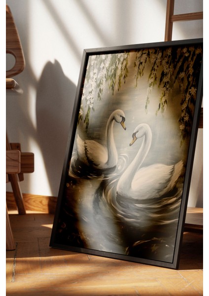 Siyah Çerçeveli Tablo, Kuğuların Göl Manzarası, Salon Dekoru Poster No: 111426 fırsatları