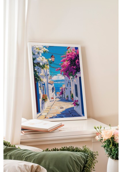 Beyaz Çerçeveli Tablo, Yunan Adası Sokak Manzarası, Balkon Dekoru Poster No: 111245 fiyatları