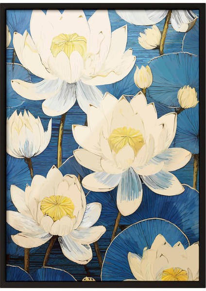 Siyah Çerçeveli Tablo, Lotus Çiçekleri Illüstrasyonu, Banyo Dekoru Poster No: 111766