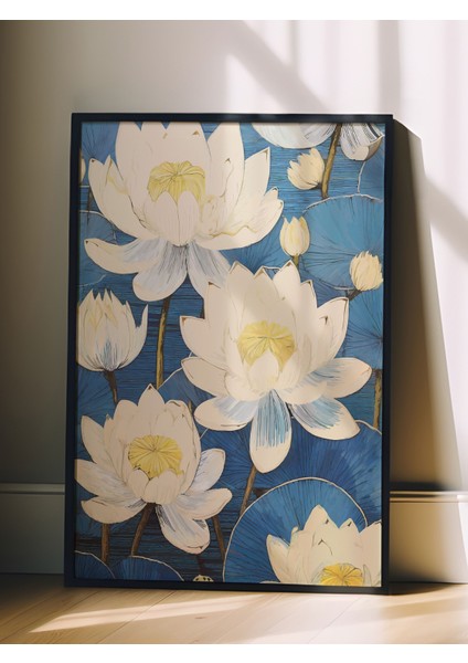 Siyah Çerçeveli Tablo, Lotus Çiçekleri Illüstrasyonu, Banyo Dekoru Poster No: 111766 fiyatları