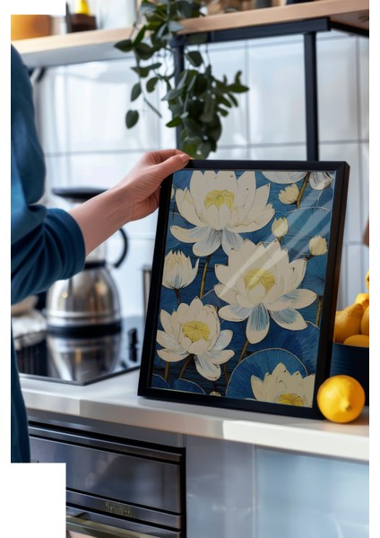 Siyah Çerçeveli Tablo, Lotus Çiçekleri Illüstrasyonu, Banyo Dekoru Poster No: 111766 modelleri