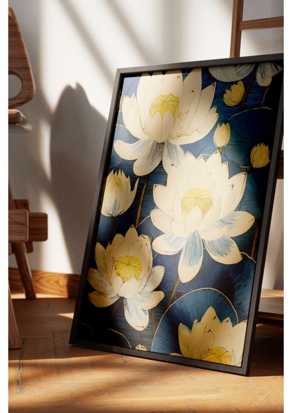 Siyah Çerçeveli Tablo, Lotus Çiçekleri Illüstrasyonu, Banyo Dekoru Poster No: 111766 fırsatları