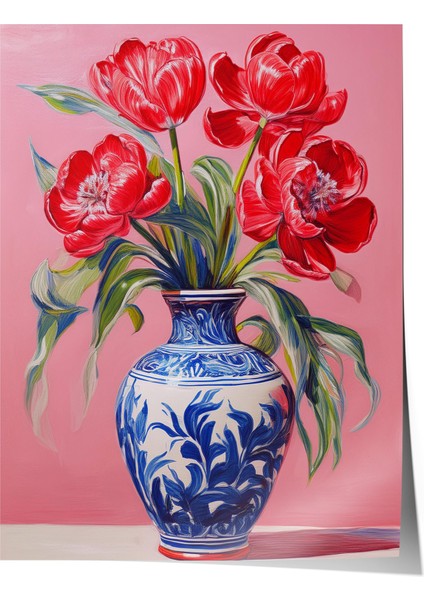 Çerçevesiz Poster, Vazoda Kırmızı Laleler, Salon Dekoru Poster No: 111589