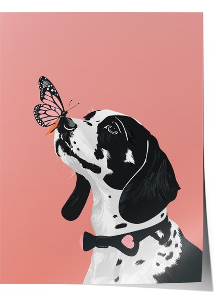 Çerçevesiz Poster, Siyah Beyaz Köpek ve Kelebek, Çocuk Odası Dekoru Poster No: 112221