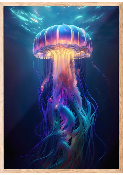 Ahşap Çerçeveli Tablo, Mor Mavi Neon Denizanası, Salon Dekoru Poster No: 112305