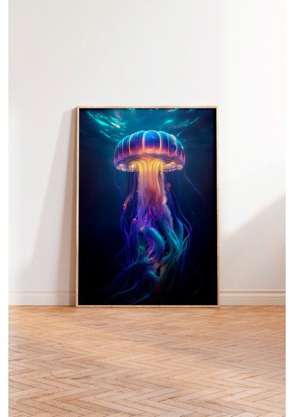 Ahşap Çerçeveli Tablo, Mor Mavi Neon Denizanası, Salon Dekoru Poster No: 112305 modelleri