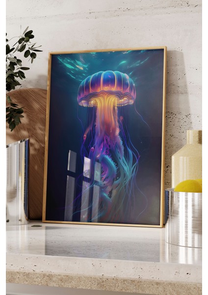 Ahşap Çerçeveli Tablo, Mor Mavi Neon Denizanası, Salon Dekoru Poster No: 112305 fırsatları
