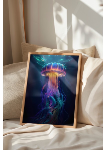 Ahşap Çerçeveli Tablo, Mor Mavi Neon Denizanası, Salon Dekoru Poster No: 112305 indirimleri
