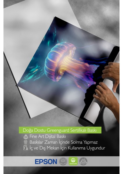 Ahşap Çerçeveli Tablo, Mor Mavi Neon Denizanası, Salon Dekoru Poster No: 112305