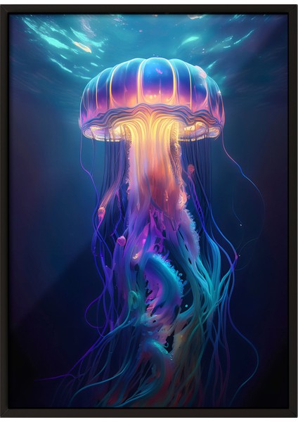 Siyah Çerçeveli Tablo, Mor Mavi Neon Denizanası, Salon Dekoru Poster No: 112305