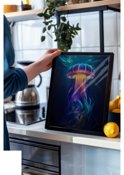 Siyah Çerçeveli Tablo, Mor Mavi Neon Denizanası, Salon Dekoru Poster No: 112305 modelleri