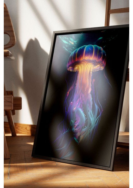 Siyah Çerçeveli Tablo, Mor Mavi Neon Denizanası, Salon Dekoru Poster No: 112305 fırsatları