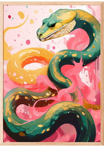 Ahşap Çerçeveli Tablo, Sanatsal Yılan Çizimi, Salon Dekoru Poster No: 112209