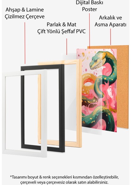 Ahşap Çerçeveli Tablo, Sanatsal Yılan Çizimi, Salon Dekoru Poster No: 112209