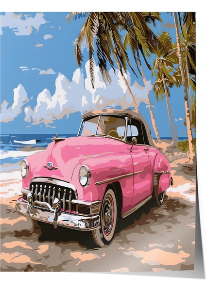 Çerçevesiz Poster, Pembe Klasik Araba Manzarası, Salon Dekoru Poster No: 111885