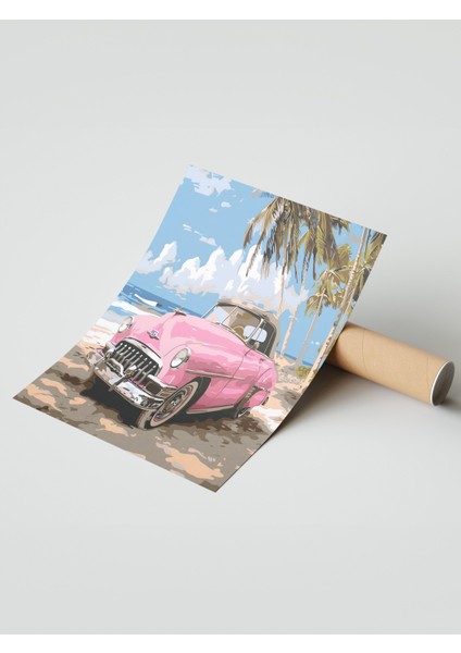 Çerçevesiz Poster, Pembe Klasik Araba Manzarası, Salon Dekoru Poster No: 111885 modelleri