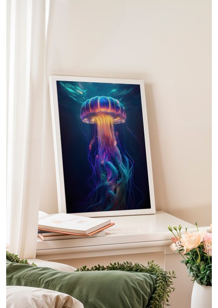 Beyaz Çerçeveli Tablo, Mor Mavi Neon Denizanası, Salon Dekoru Poster No: 112305 fiyatları