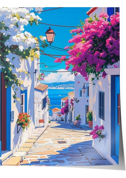 Çerçevesiz Poster, Yunan Adası Sokak Manzarası, Balkon Dekoru Poster No: 111245